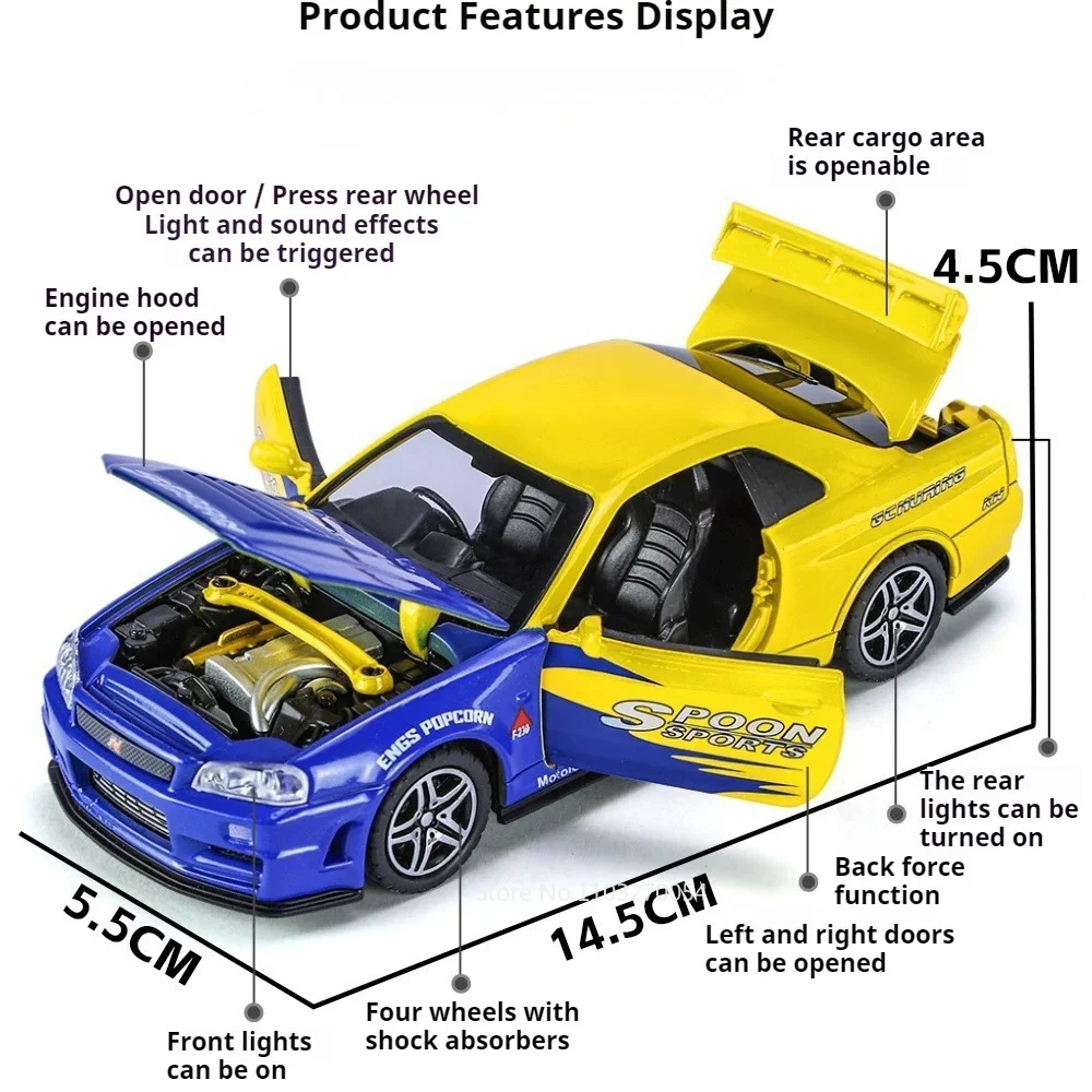 1:32 GTR R34 R35 Miniature Model Diecast Alloy Toys Car Sound Light Pull Back Rubber Tire Metal Body Vehices Collecting Hobbies