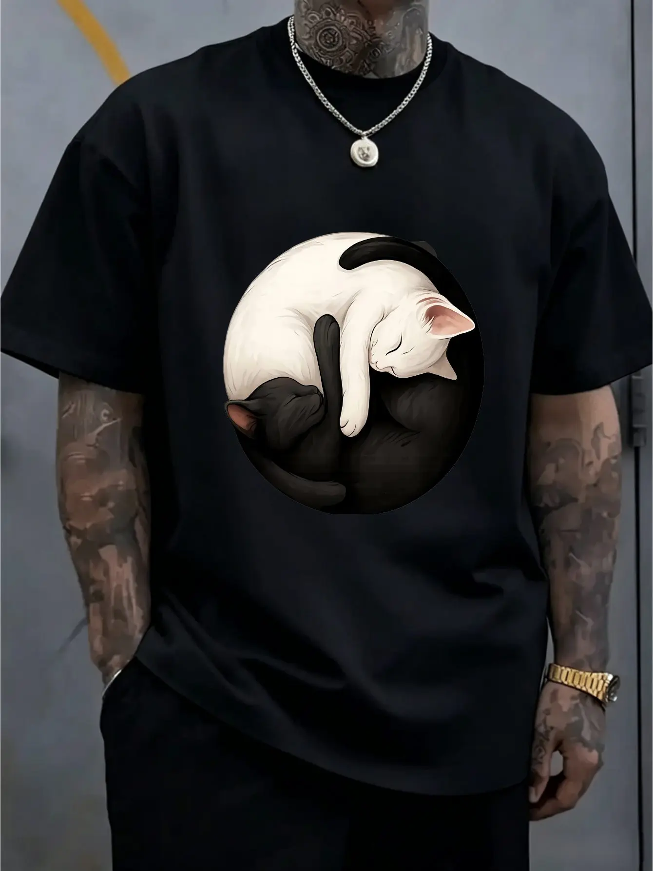 White Yin Yang Sleeping Black White Cat Graphic Mens Short Sleeve T Shirt Crew Neck Gentle Animal Casual Daily Soft Comfort Top