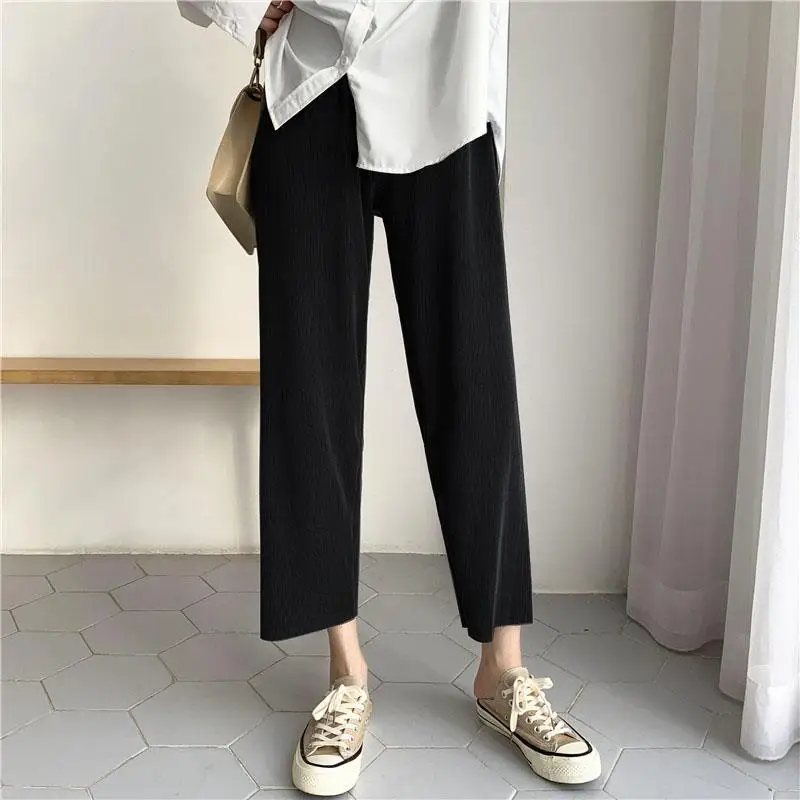 Women Autumn Simplicity Loose Office Lady Solid Color High Waist Appear Thin Wide Leg Ladies Casual All-match Cropped Pants