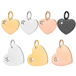 6Pcs/Lot Mirror Polished Hollow Paw Heart Tags Stainless Steel Pendants For Customize ID Charm Jewelry Making