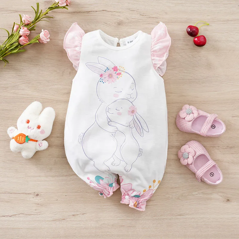 

Puff Sleeves Baby Onesie Bunny Cartoon Cute Fashion 0-18 Months Newborn Knitted Romper Toddler Jumpsuit Children's Wear Flower