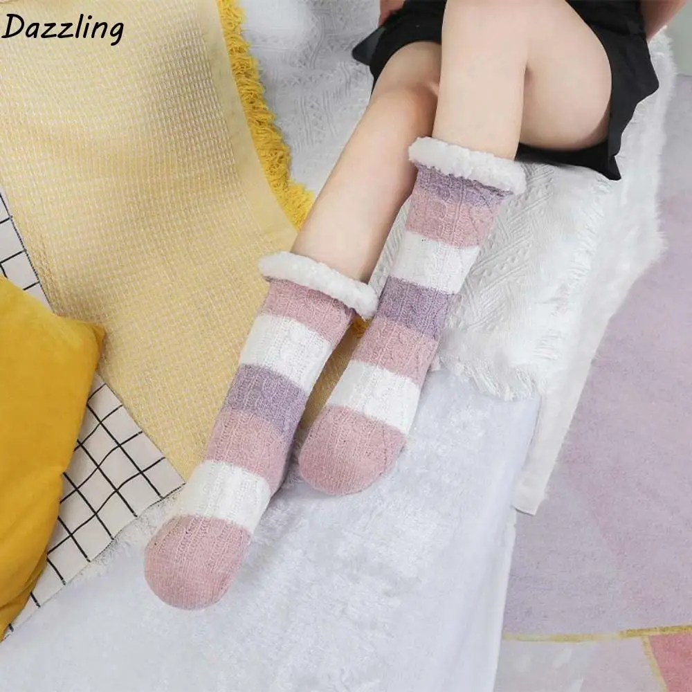 

Модные флисовые носки с жареным тестом в полоску, плюшевые теплые носки из кораллового флиса, чулочно-носочные изделия, кавайные зимние носки-тапочки для женщин