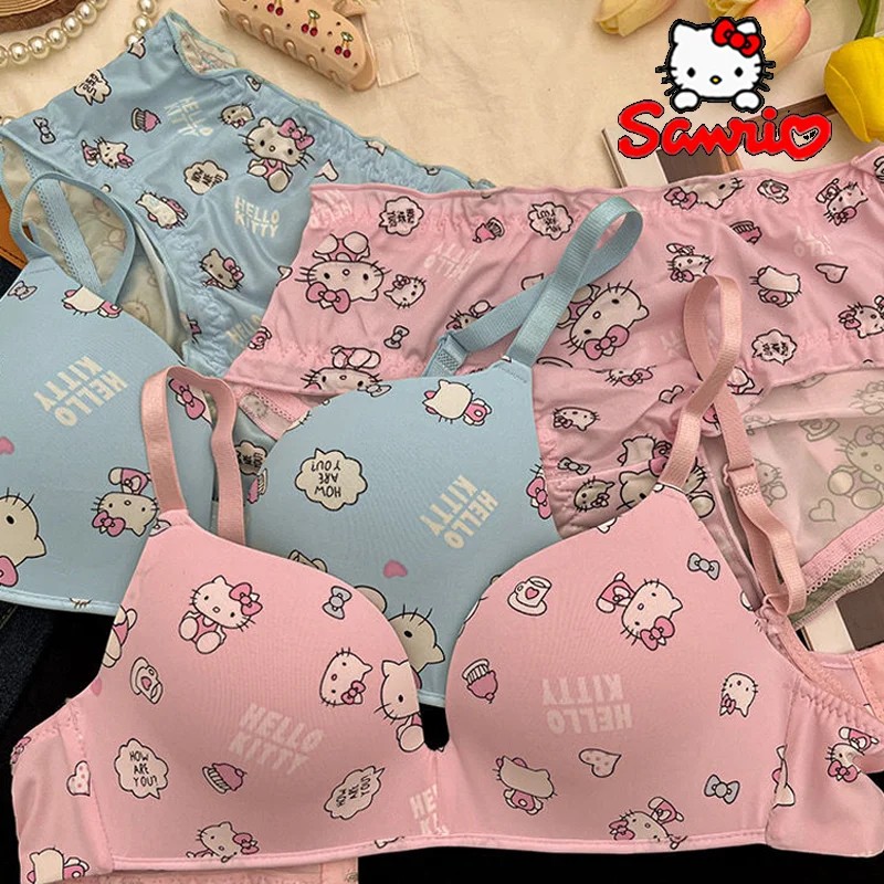 Sanrio Hello Kitty Women underwear Sexy Bra Panty Set Cartoon No Wire Push Up Underwear Female\'s Breathable Gathered Bra Gifts