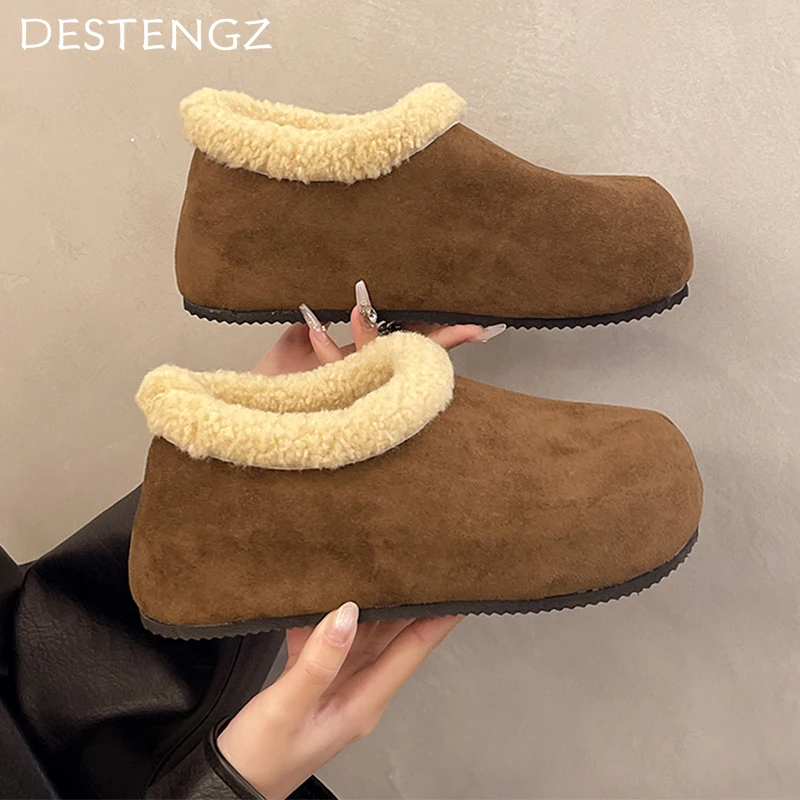 Mocassins chauds en peluche pour femmes, fourrure, chaussures plates en daim, bottes décontractées, tendance hiver, nouvelle marque de créateur, mode, 2025