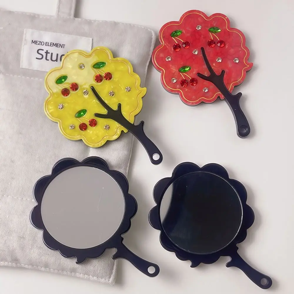 لطيف الكرز خلات مرآة لوضع مساحيق التجميل الملونة حجر الراين شجرة شكل مرآة الكرتون عالية الوضوح مقبض المحمولة مرآة الهدايا