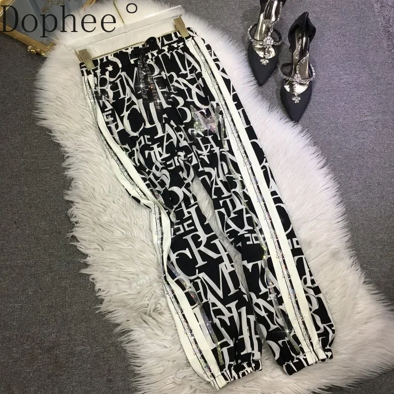 Blingbling Hot Drilling Ankle-length Pants 2025 New Summer Black White Letters Casual Chiffon Trousers Elastic Waist Sweat Pants