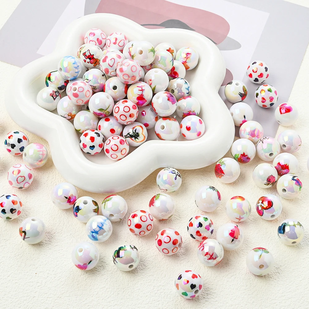 20pcs White Love Heart Print Acrylic Beads Red Round Beads For DIY Pacifiers Clip Jewelry Making Keychain Mother's Day Gift