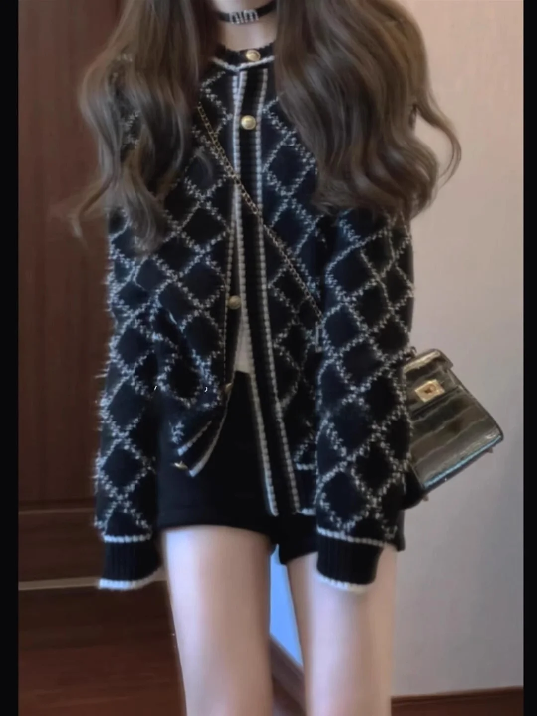 

Ele легкий вязаный кардиган женский свободный свитер с ромбовидным узором Jaet зимний новый Sle Gold Bule Sweet Sle