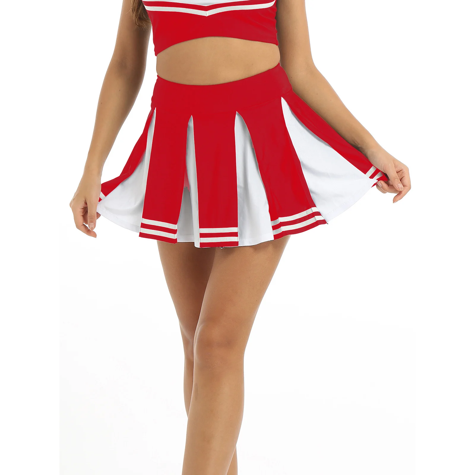 

Women Cheerleading Contrast Color Miniskirt Role Play Costumes Mid Waist Pleated Striped Hem Skinny Skirts