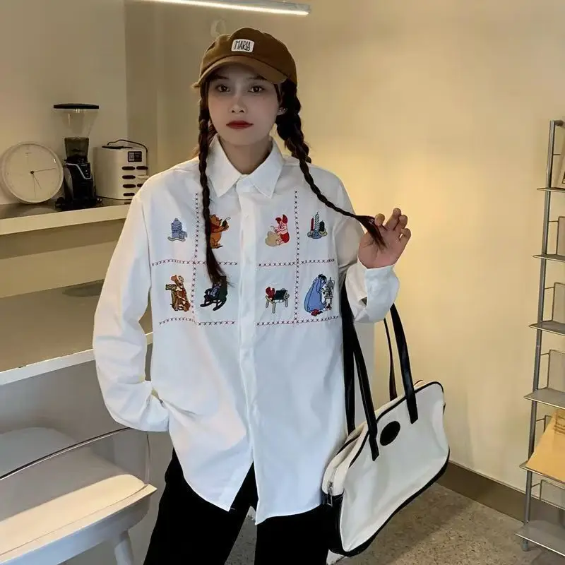 

Disney Winnie The Pooh Trendy Cartoon Animal Pattern Shirt Spring Autumn Niche Design Sense White Blouse Simple Commuting Shirt