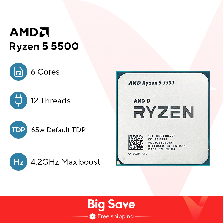  AMD Ryzen 5 5500 R5 5500 3.6 GHz 6-Core 12-Thread CPU Processor 7NM L3=16M 100-000000457 Socket AM4 No Fan 