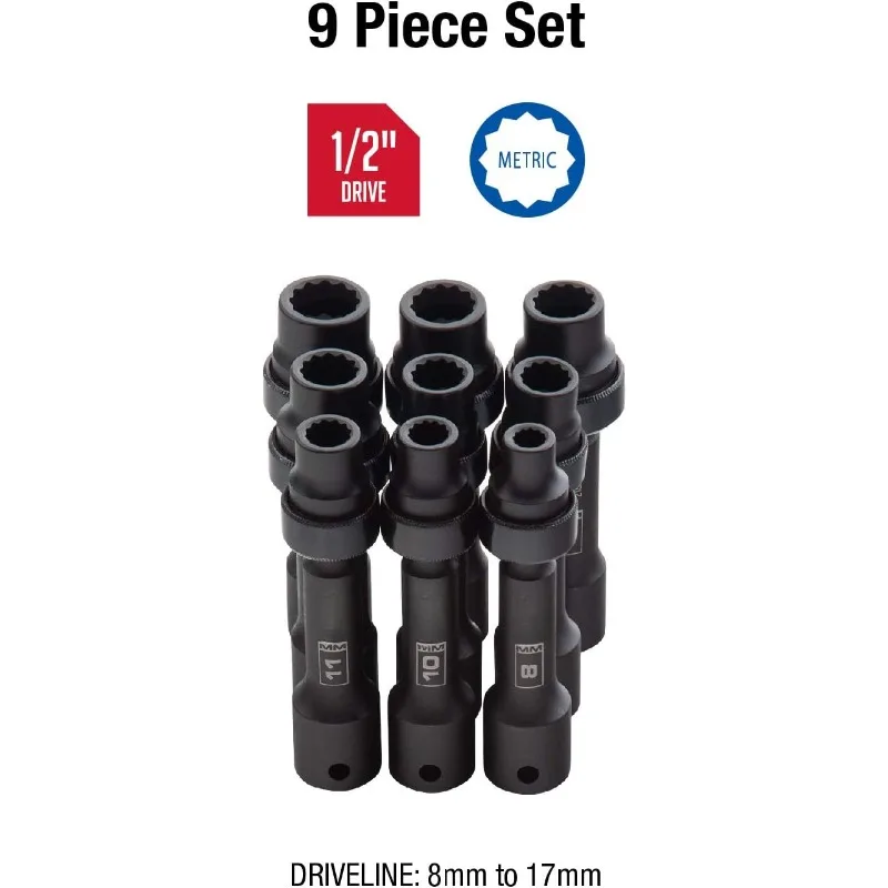 home.2695, ½ Inch Drive Driveline Limited Clearance Socket Set,8mm-17mm, Cr-Mo Steel, Heavy Duty Storage Case