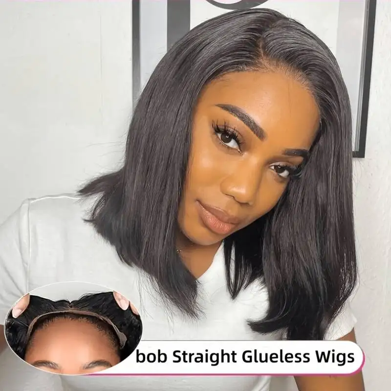 Straight Bob Wig with Bangs Glueless Wigs Human Hair HD Lace Short Natural Black Bob Blunt Cut 180% Density 16 Inches For Women