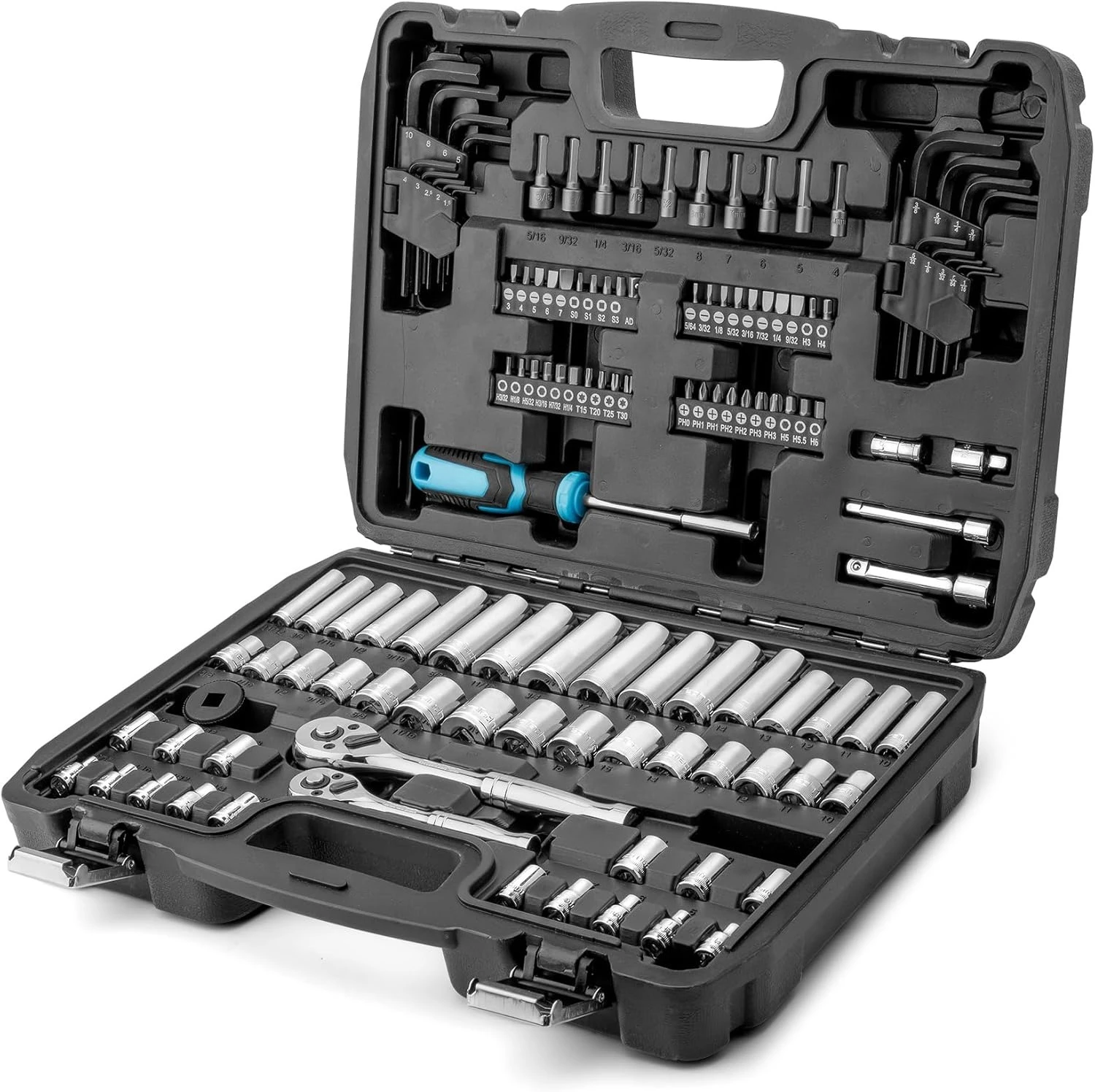 121-Piece Mechanics Tool Kits, Include SAE/Metric Sockets Set, 72-Tooth Drive Ratchet, 40-in-1 Magnetic Screwdriver,Hot Sale