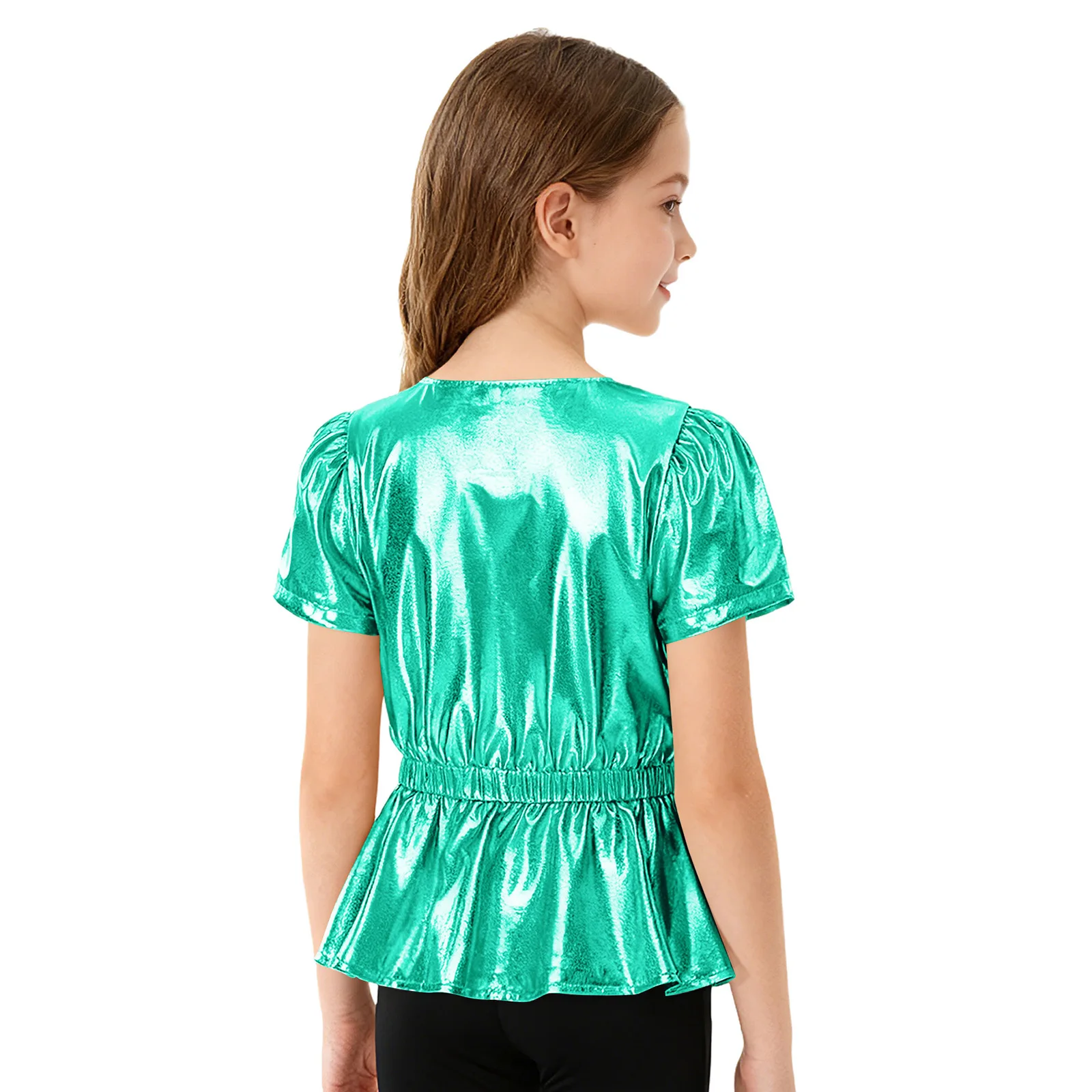 여자 메탈릭 재즈 힙합 댄스 탑 반팔 신축성 있는 허리 페플럼 탑 티셔츠 학교 치어리딩 공연 스트리트웨어