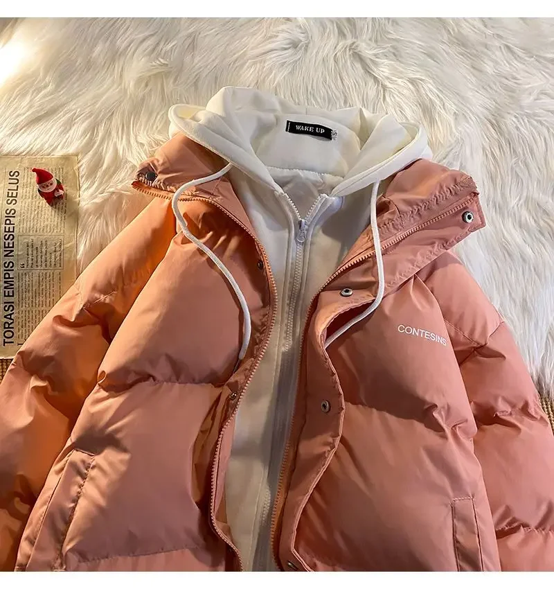 Korean fashion Version Winter Leisure Cotton Clothes Women Y2K Multi-functional Fake Two Pocket Zipper Down Jacket Thick Coat