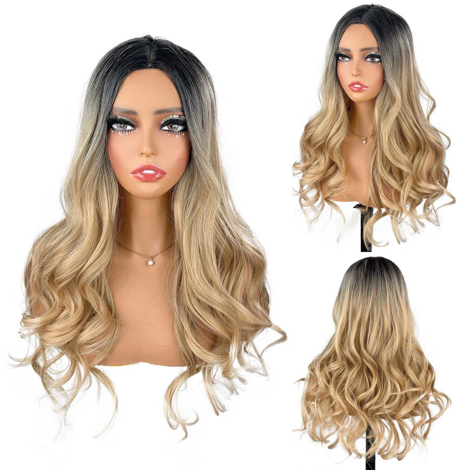 

Long Curly Blonde Brown Ombre Heat Resistant Synthetic Wig for Women Daily Party Wear Cheap Wigs on Clearance Sale