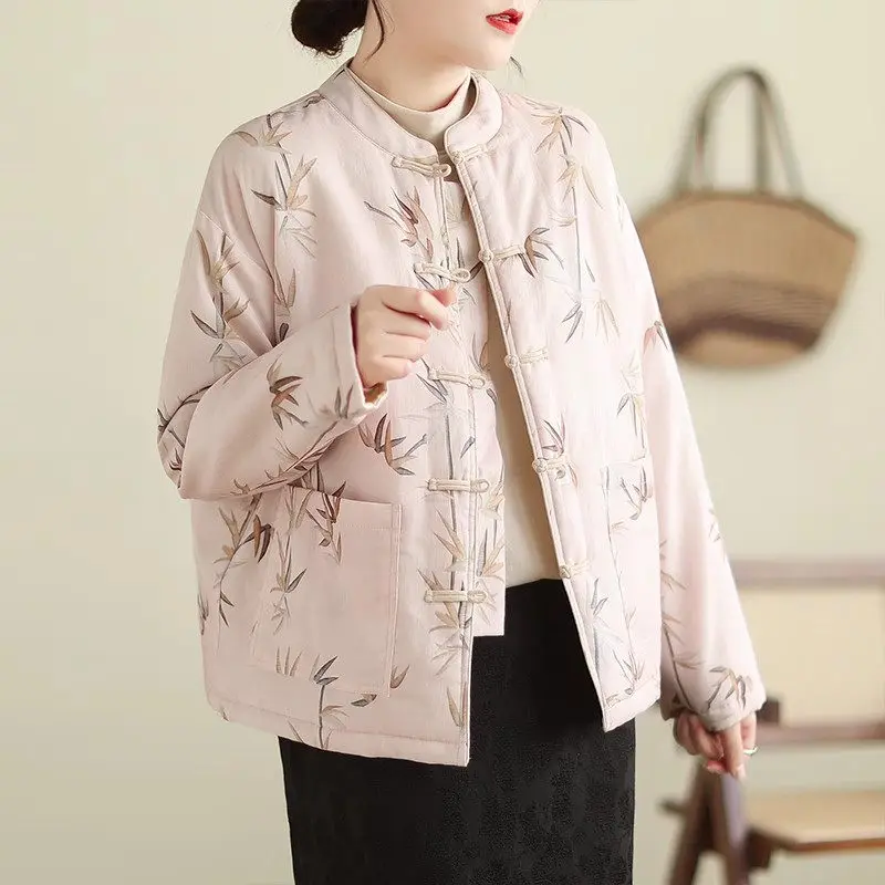 Elegant Short Quilted Jacket 2023 Autumn And Winter Standing Collar Printed Cotton Coat Chinese Style Retro Women Tops Z4163