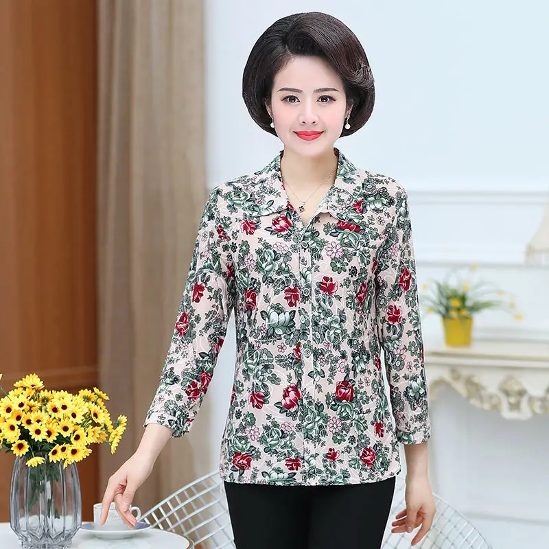 Printed Blouse Women Three Quarter Sleeve Shirt Tops 2022 Spring Autumn 3XL 4XL Fashion Middle Age Mother Cardigan Clothes