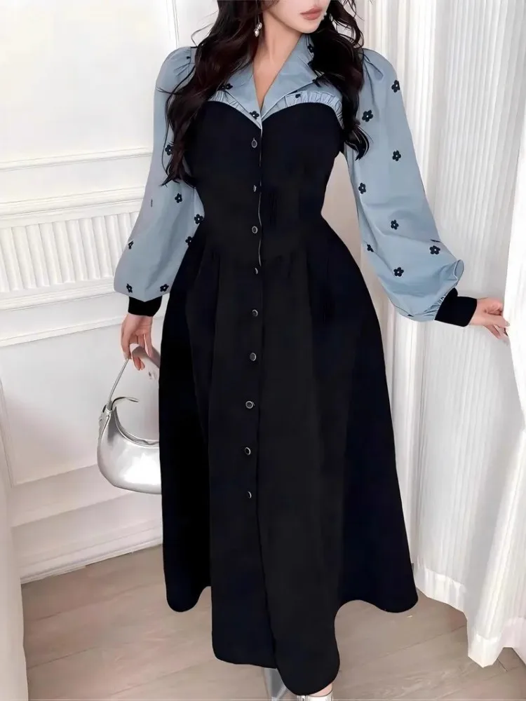 春秋ファッションプリントレトロパーティードレス女性セクシーシングルブレストラペルシャツドレスカジュアル長袖ボヘミアンワンピース