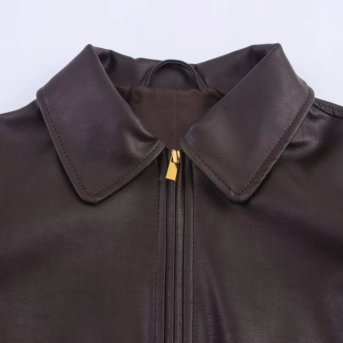 Jaqueta Feminina de Couro Curta com Gola Virada e Zíper, Nova Coleção Outono Sumu, Moda Feminina, Casaco Quente para Mulheres