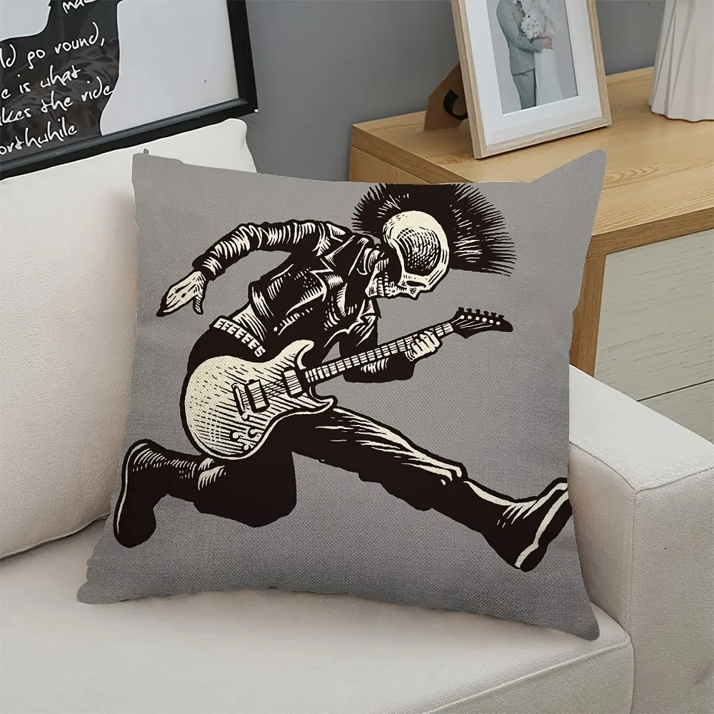 Rock Skull Punk Guitarist Double Sided Pillowcase Modern Style Cool Music Decorative Cushion Cover for Sofa, Insert Not Included