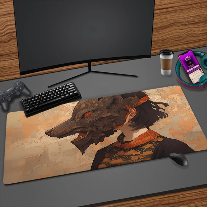 XXL Lockedge Speed Game Pc Keyboard Mousepad Wolf Girl Mouse Pad Office Computer Desk Accessories Retro Style Table Mat 80x30cm