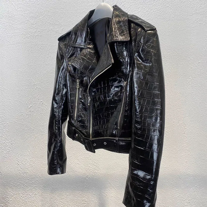 Women Coat Spring Genuine Leather Jacket Real Sheepskin Locomotive Type Clothes With Belt Short Length Imitation Crocodileskin