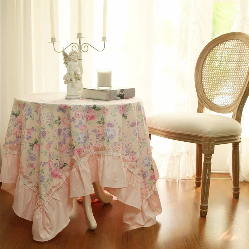 Vintage Pastoral Tablecloth Korean Rose Lace Pure Cotton Coffee Table Sofa Cover Elegant Dressingtable Decorative Tablecloth