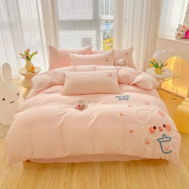 Cotton Cute Cartoon Duck Rabbit Bear Applique Child Bedding Set Twin Single Queen Size Duvet Cover Set Bed Sheet Pillowcase