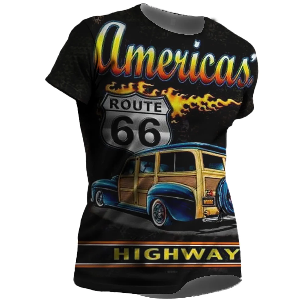 Summer Men\'s T-shirt 3D Print US Route 66 Shirt 2023 New Short Sleeve Men\'s Clothing Cotton Oversized Tees Biker Harajuku Tops