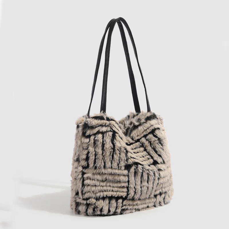 

Korean Autumn Winter Plaid Furry Retro Tote Bag for Women Large Capacity Simple Design Unique Fashion Handbag