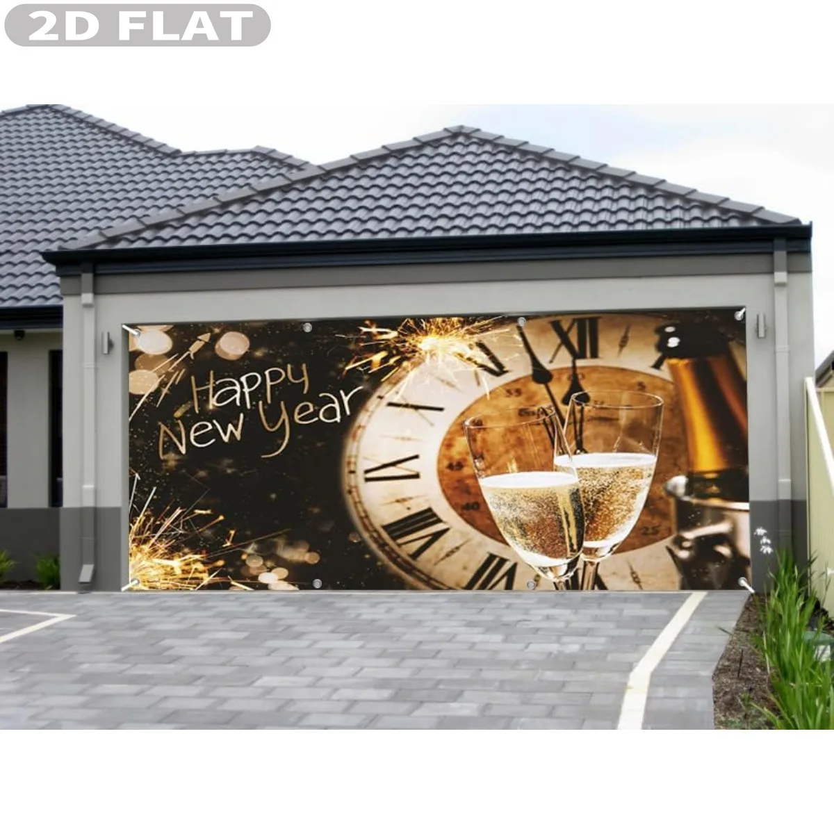 

2D FLAT 1pc New Year 2026 Party Photo Booth Props Door Decor Polyester Beautiful Gold Sparkler City Lights Blue Garage Decor