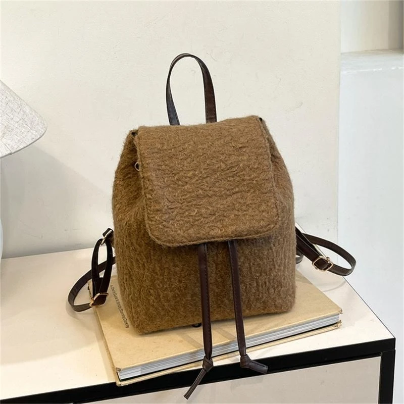 

E8FB Women's Furry Backpack Drawstring School Bag Functional Daypack Large Capacity Backpacks for Professionals and Students