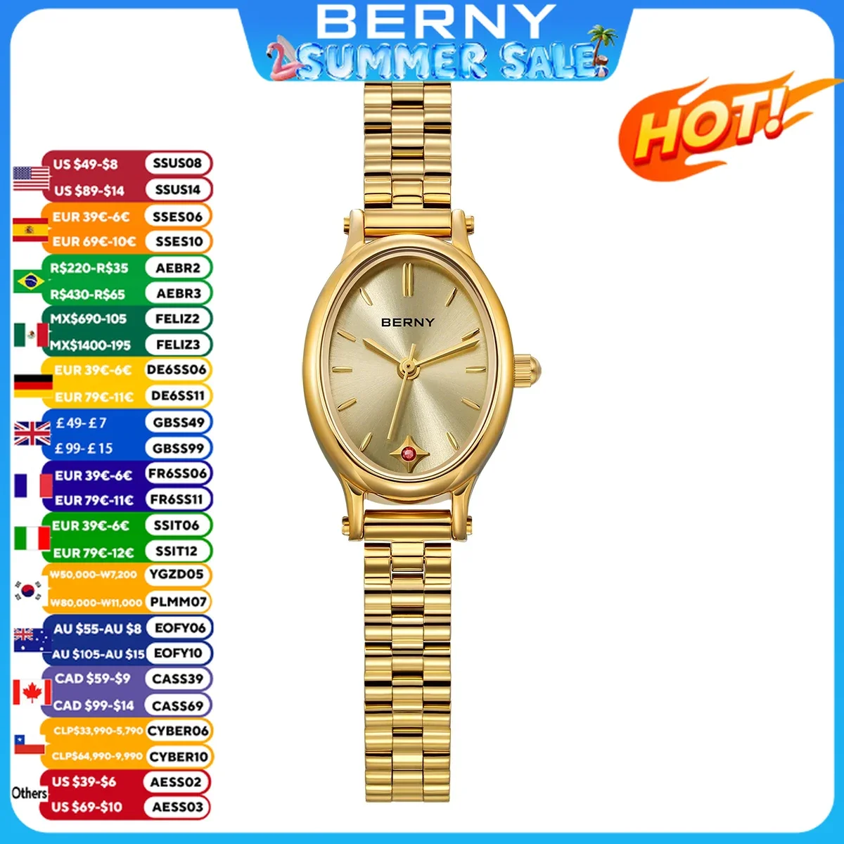 BERNY Gold Watch for Women Fashion Ruby Ladies Wristwatch Gold Quartz Jewelry Bracelet  Watch Multicolor Small Ladies Watches