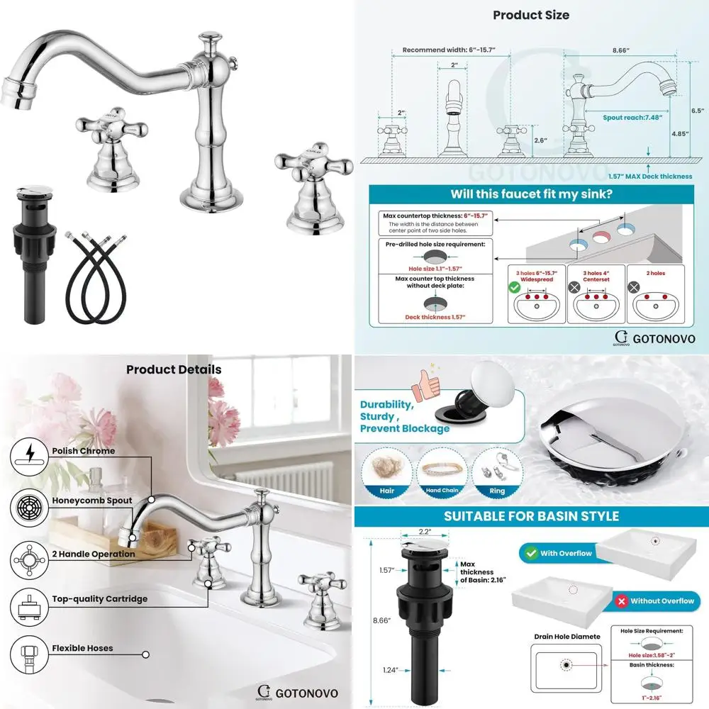 

8 Inch Widespread Vintage 3-Hole Bathroom Sink Faucet with 2 Cross Handles and Pop-Up Drain, Hot/Cold, Polished Chrome