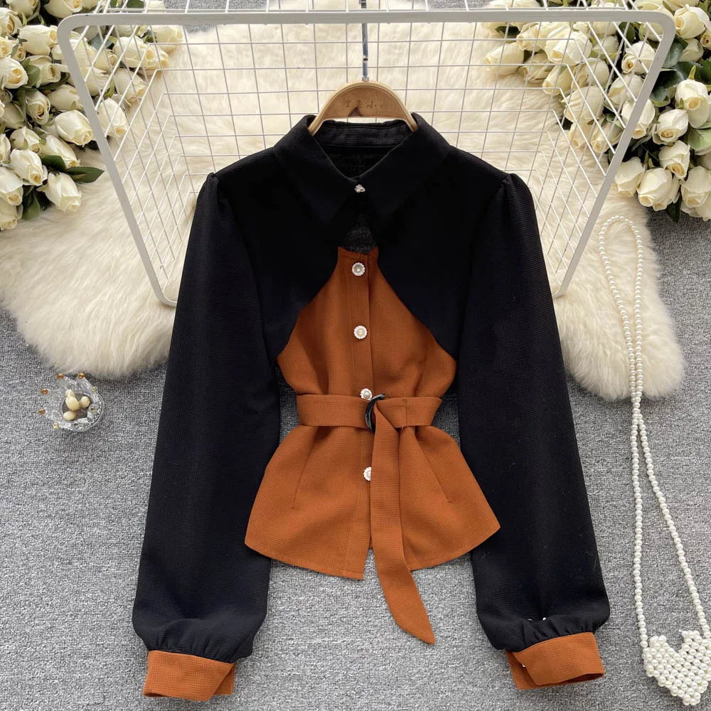 Ele Color Blo Long Sve irt المرأة Faion الأعلى الفرنسية Sle سليم صالح طوق ort طول لون نقي ملابس الخريف #2