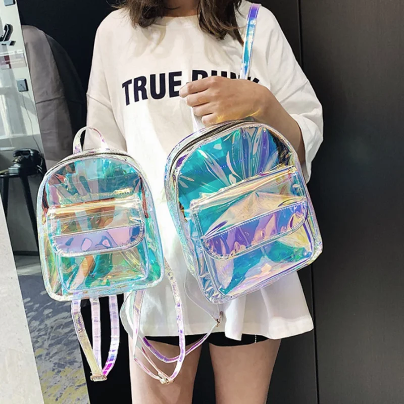 Mochila transparente de PVC para mujer, bolsa Ita Harajuku, escolar, Kawaii, holográfica