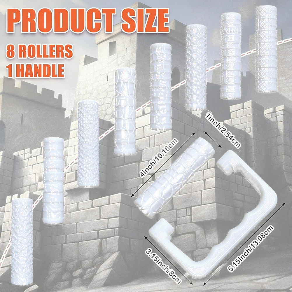 9 Piece Texture Roller Set for Clay Artists Featuring Road Stone Wall and Brick Patterns for Modeling and Sculpting