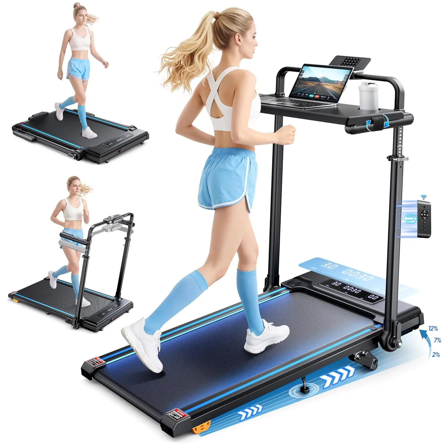 3.0HP Foldable Walking Treadmill 2%-12% Incline, Home Desk with Handle, RGB & LED Light, Remote & APP, 330LBS, Customized