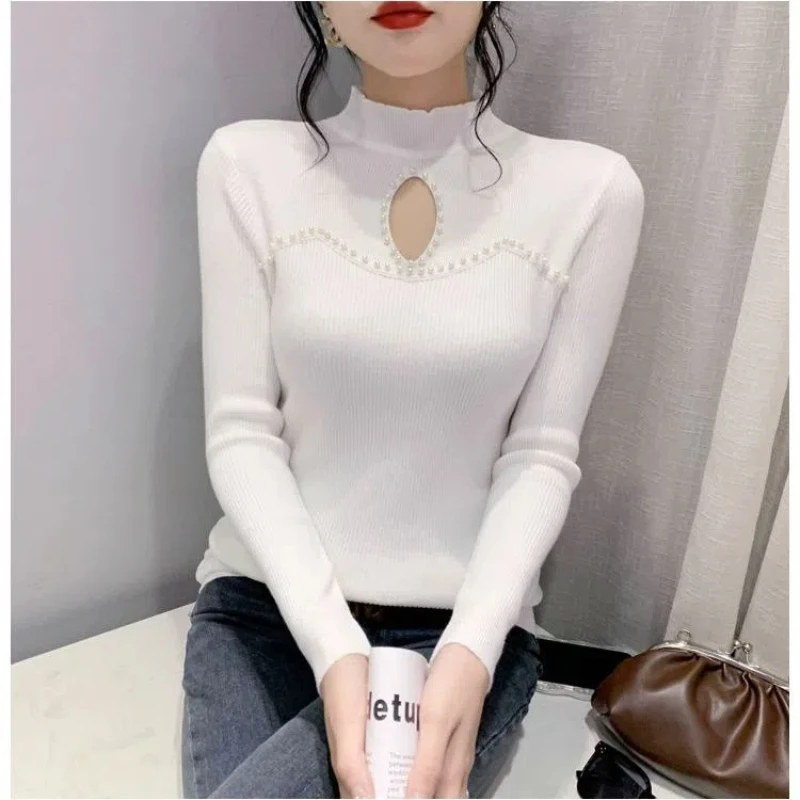 Women\'s Base Shirt Sexy Half High Neck Pearl Knit Sweater Korean Version Hollowed Out Sweater with New Top Underneath