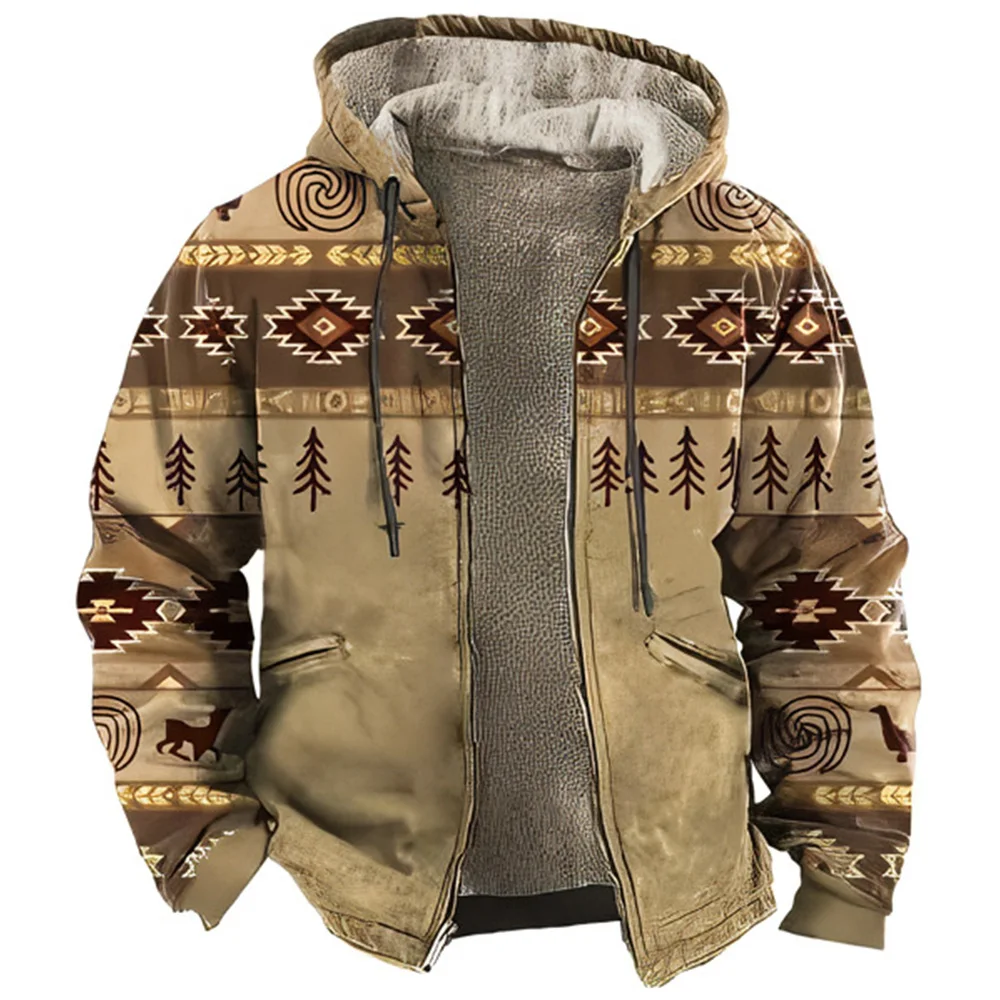 

2024 Winter Zipper Hoodies For Men Fleece Jacket Clothing Tribal Traditional Print Sweatshirts Holiday Outerwear Hooded Clothing