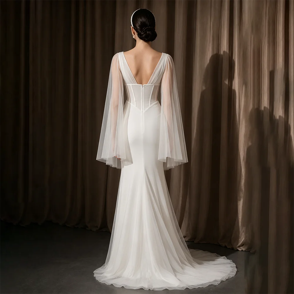 2026 Tulle Wedding Dress Deep V Neck Cape Sleeve Corset Mermaid Floor Length Bridal Gown Backless Robe De Mariage Customized
