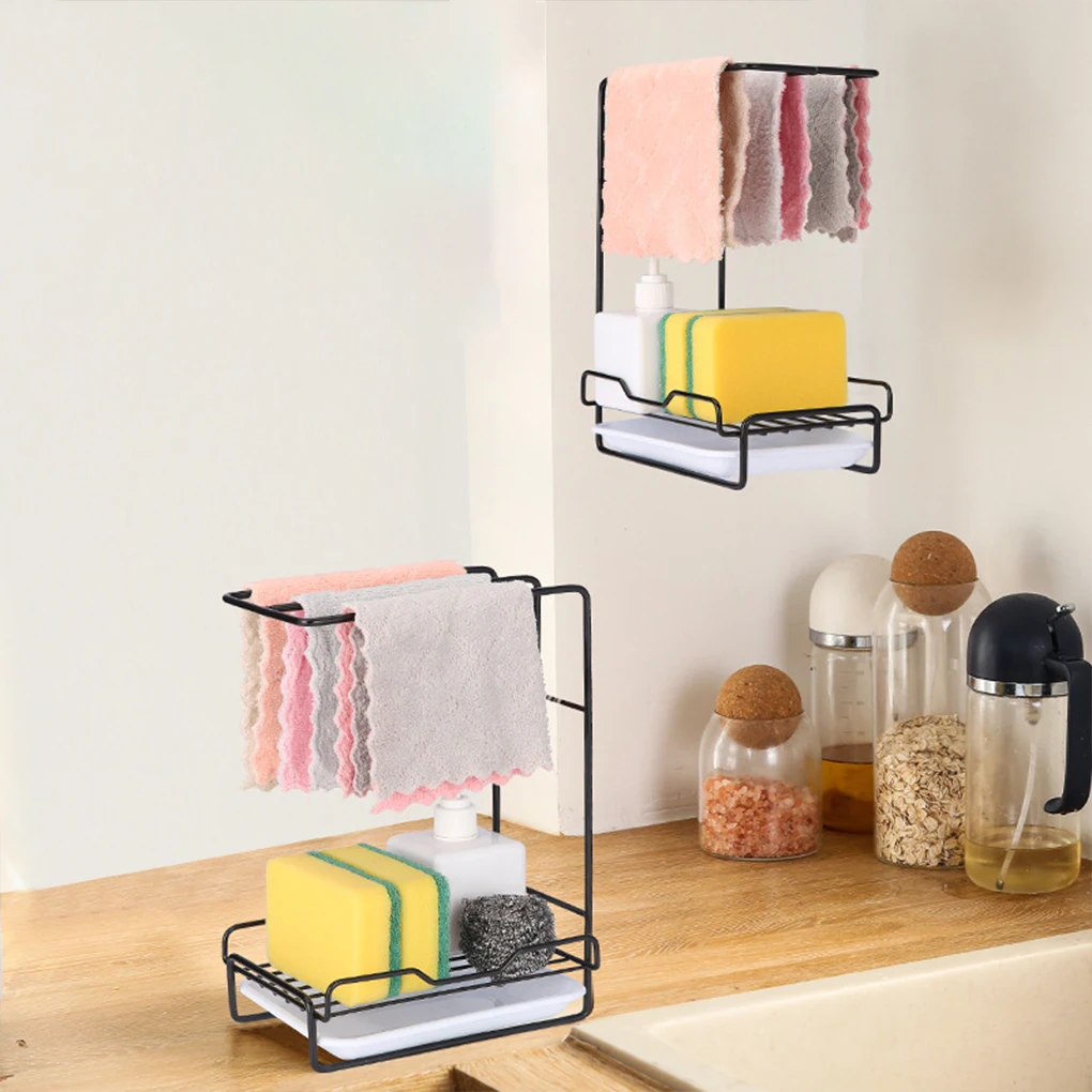 Kitchen Rag Rack Punch-free Storage Bracket Removable Desktop Hanging Dual-purpose Drain Rack Towel Sponge Storage Holder