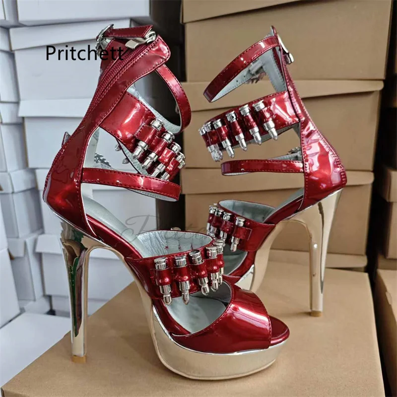 Red Patent Leather High Heels Sandals for Women Bullet Decor Back Zipper Cover Heels Platform Sandals Summer Wedding Shoes