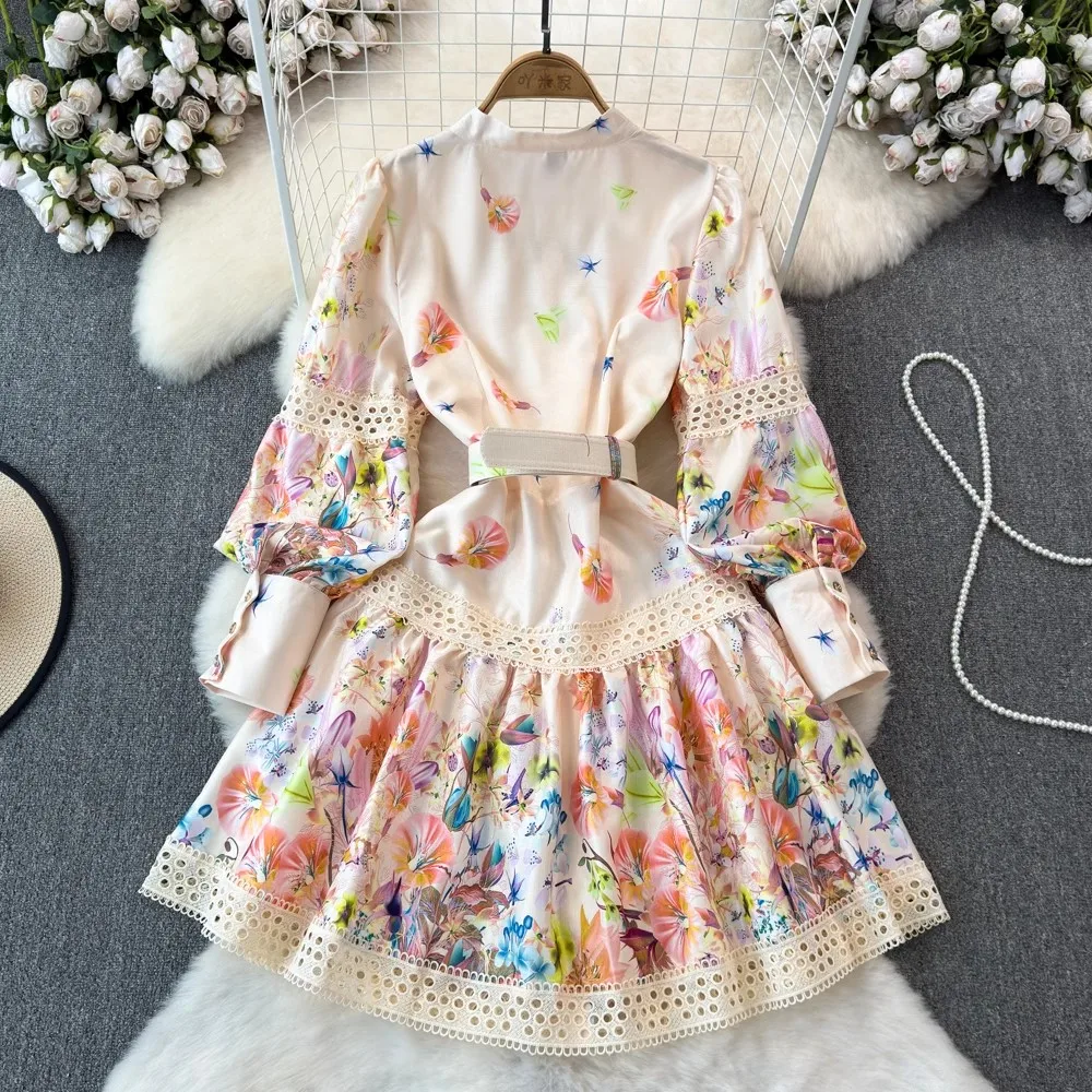 New Spring Summer Women Singel Breasted Mini Dress Lantern Long Sleeves Boho Sashes Vintage Fashion Lady Floral Print Lace Robe