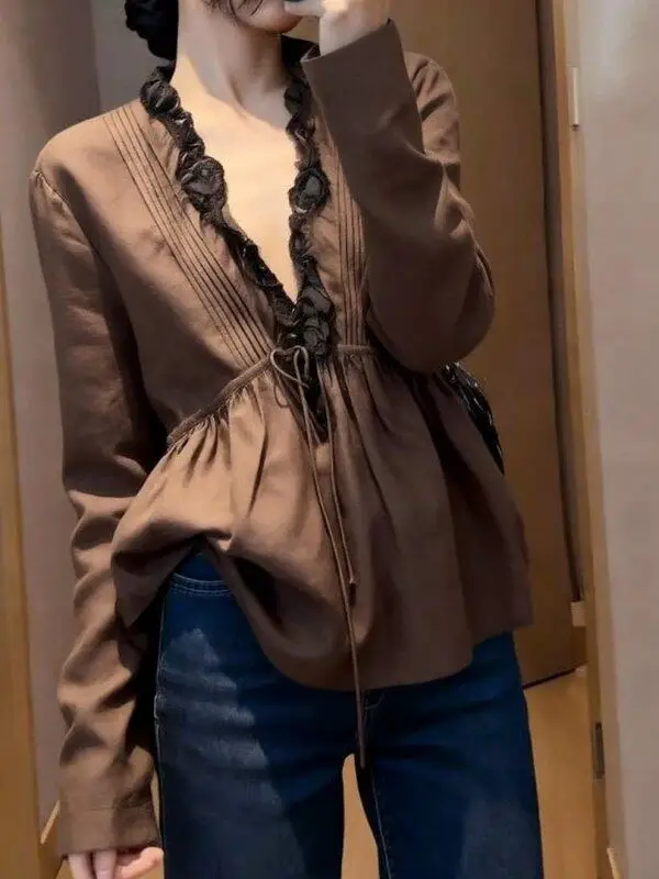 Retro Casual Loose V-Neck Floral Shirt Women's Early Spring Coffee Color Top Comfortable Slimming Long Sleeve Zipper Closure