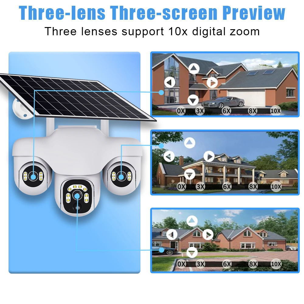 Three Lens Solar PTZ Camera Outdoor IP66 Waterproof Battery Video Monitor 12MP 3-Screen 10X Zoom Security Surveillance Cameras