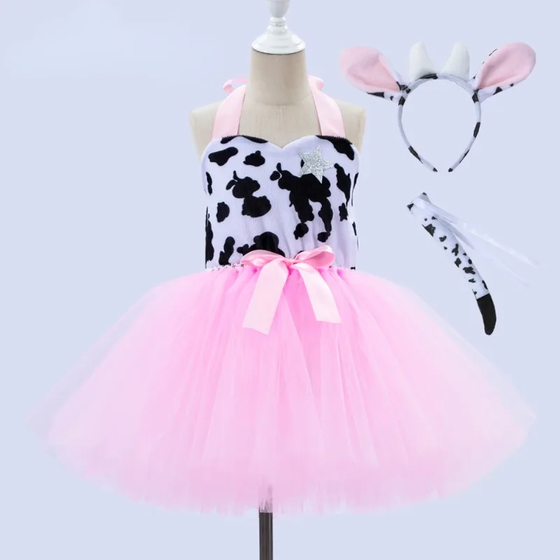 New high-quality Costumes for Girls Birthday Halloween Cowgirl Fancy Dress with Hat Kids Pink Cow Tutu Outfit Animal Clothes Set