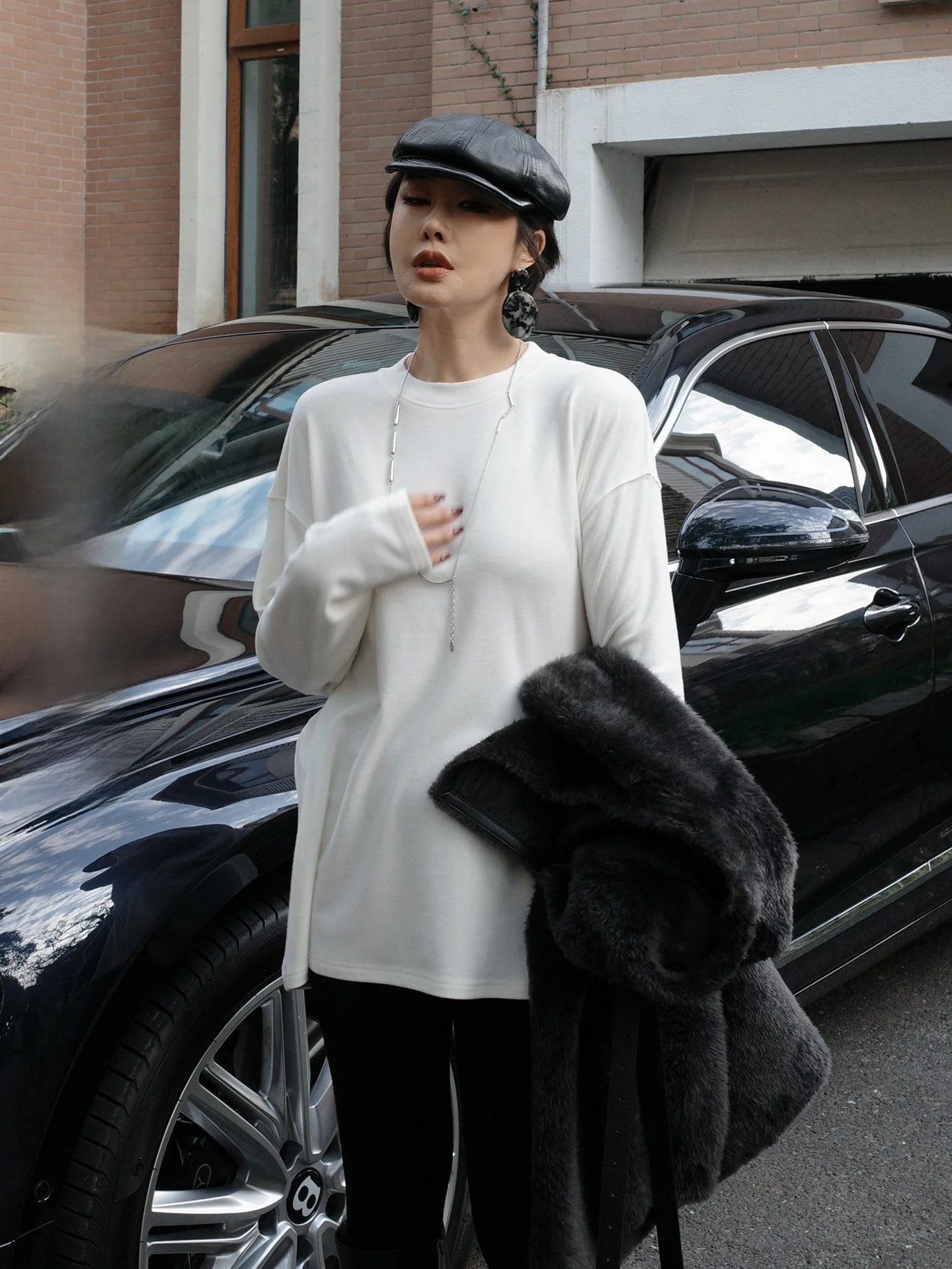 

Женская шерстяная футболка с круглым вырезом и начесом, однотонная, повседневная, свободного кроя, с длинным рукавом, средней длины